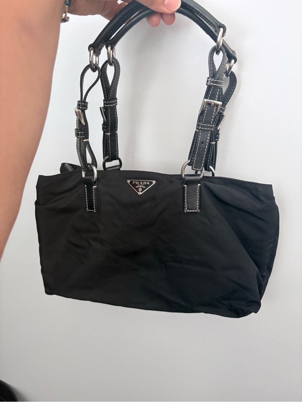 PRADA Tessuto Women's small east-west Tote Bag Handbag Nylon Leather Black Used